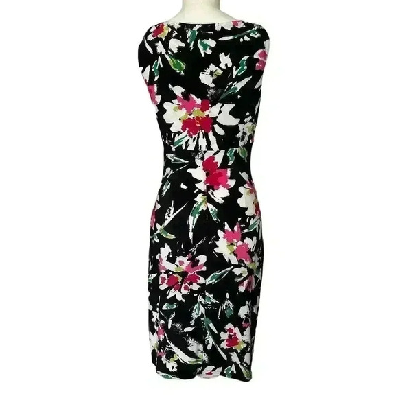 LRL Ralph Lauren Womens Sheath Dress Black Floral Draped V Neck Size 2 - Picture 2 of 6